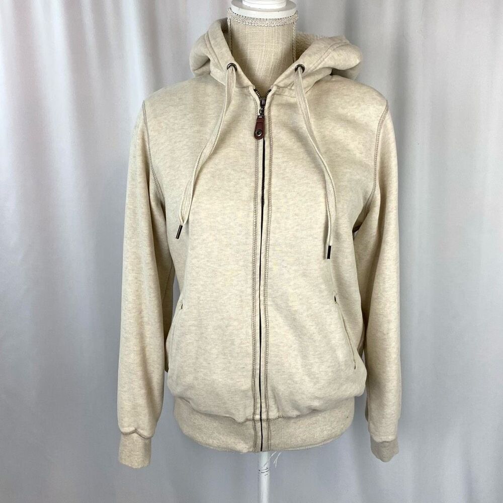 Green Tea Sweatshirt Zip-up Cream Jacket Lined Faux Fur Hooded Women’s Medium Co - Picture 4 of 10